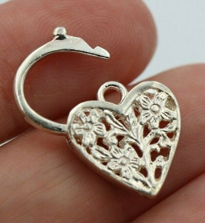 Medium Sterling Silver Filigree Flat Heart Padlock Pendant 15mm