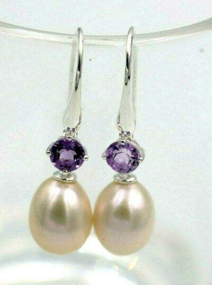 Sterling Silver 925 Oval Freshwater Cultured Pearl with 4-Claw 5mm Natural Amethyst Hook Earrings