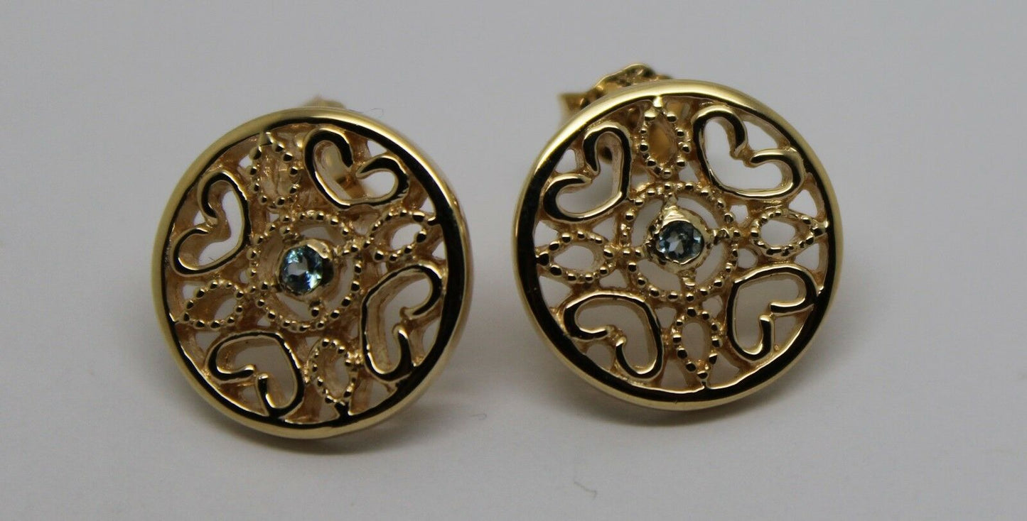 Genuine 9ct Yellow, Rose or White Gold Topaz Heart Filigree Stud Earrings