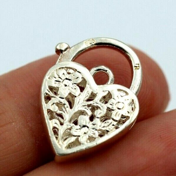 Medium Sterling Silver Filigree Flat Heart Padlock Pendant 15mm