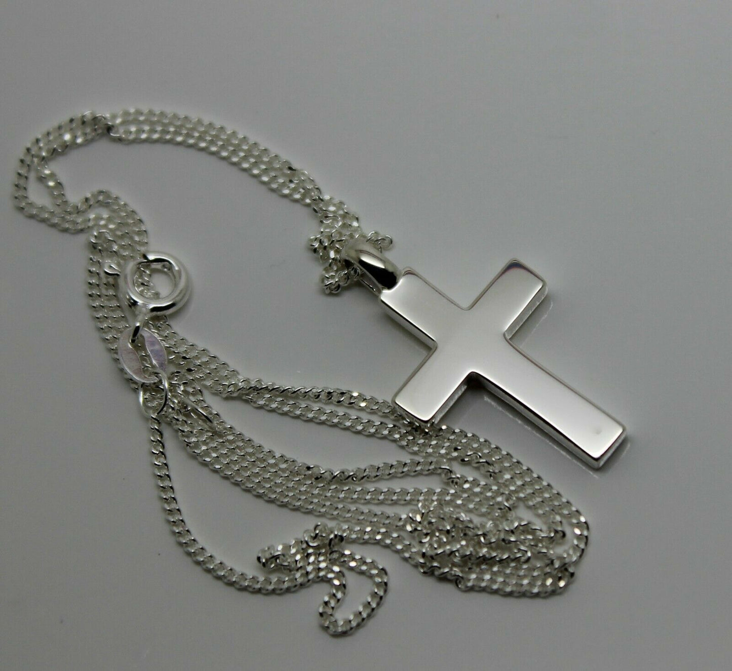 Solid New Sterling Silver 925 Plain Cross Pendant & 45cm Kerb Chain Necklace