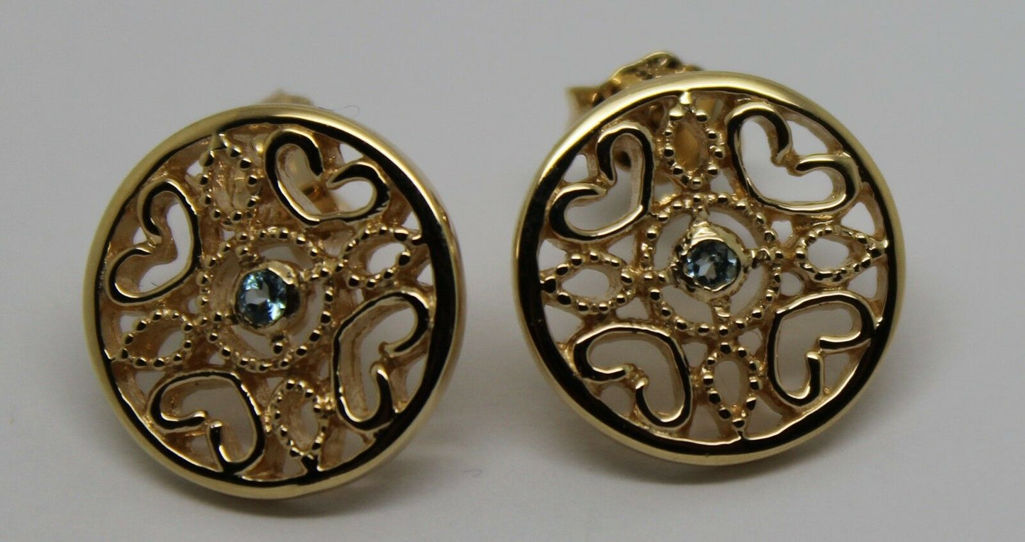 Genuine 9ct Yellow, Rose or White Gold Topaz Heart Filigree Stud Earrings