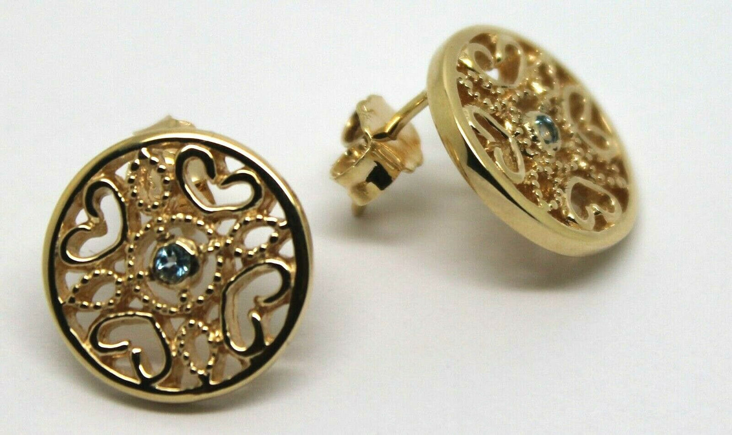 Genuine 9ct Yellow, Rose or White Gold Topaz Heart Filigree Stud Earrings