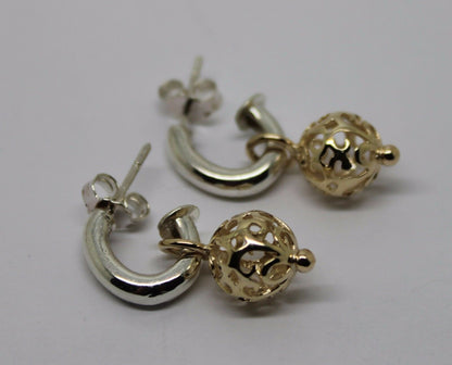 Genuine New 9ct 9k Yellow Gold & Sterling Silver Filigree Ball Stud Earrings