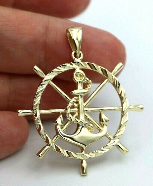 Huge Large 9k 9ct Yellow, Rose or White Gold Anchor Wheel Charm Pendant Nautical Pendant