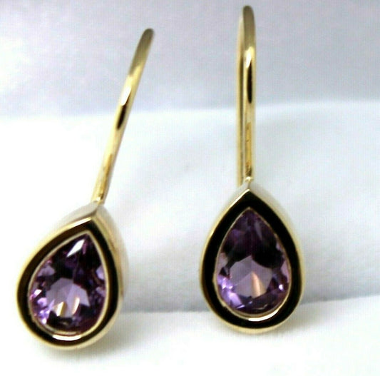 Genuine  9ct Yellow Gold Purple Stone Teardrop Earrings