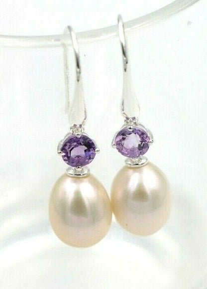 Sterling Silver 925 Oval Freshwater Cultured Pearl with 4-Claw 5mm Natural Amethyst Hook Earrings