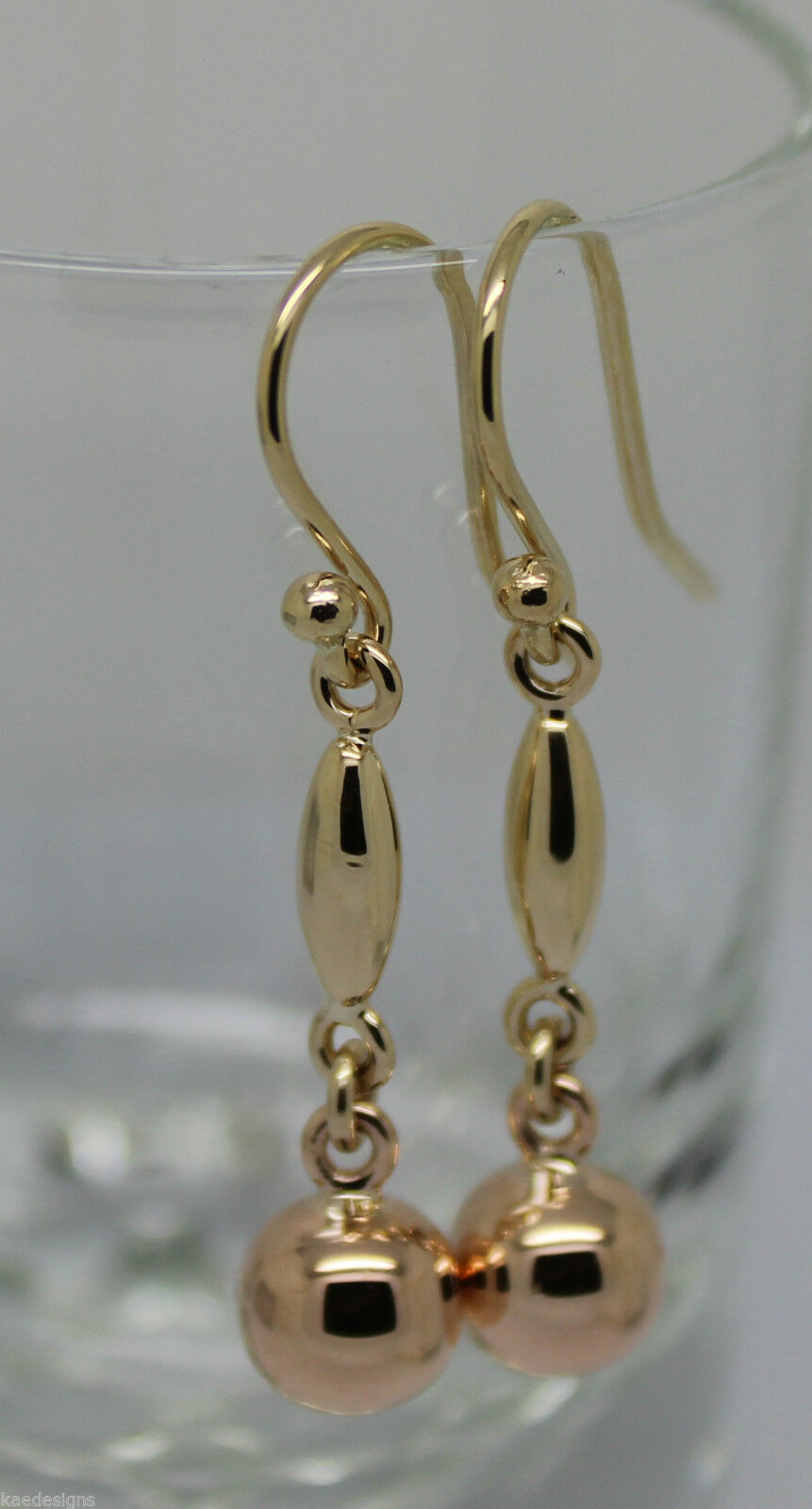 Kaedesigns, 9ct 9kt Yellow Or White Or Rose Gold 8mm Ball Long Drop Earrings