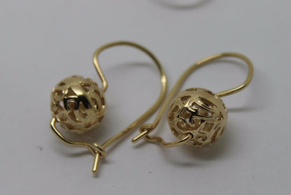 Genuine 9ct Yellow, Rose or White Gold 10mm Euro Ball Drop Filigree Earrings