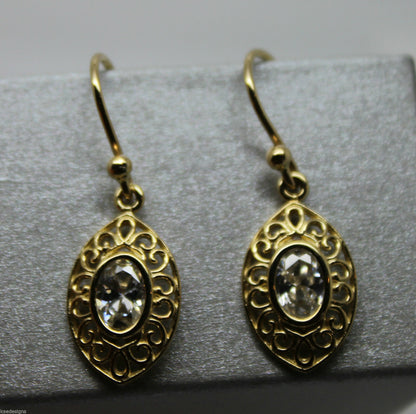 Genuine 9ct 9k Yellow Or White Or Rose Gold White Stone Set Filigree Hook Earrings