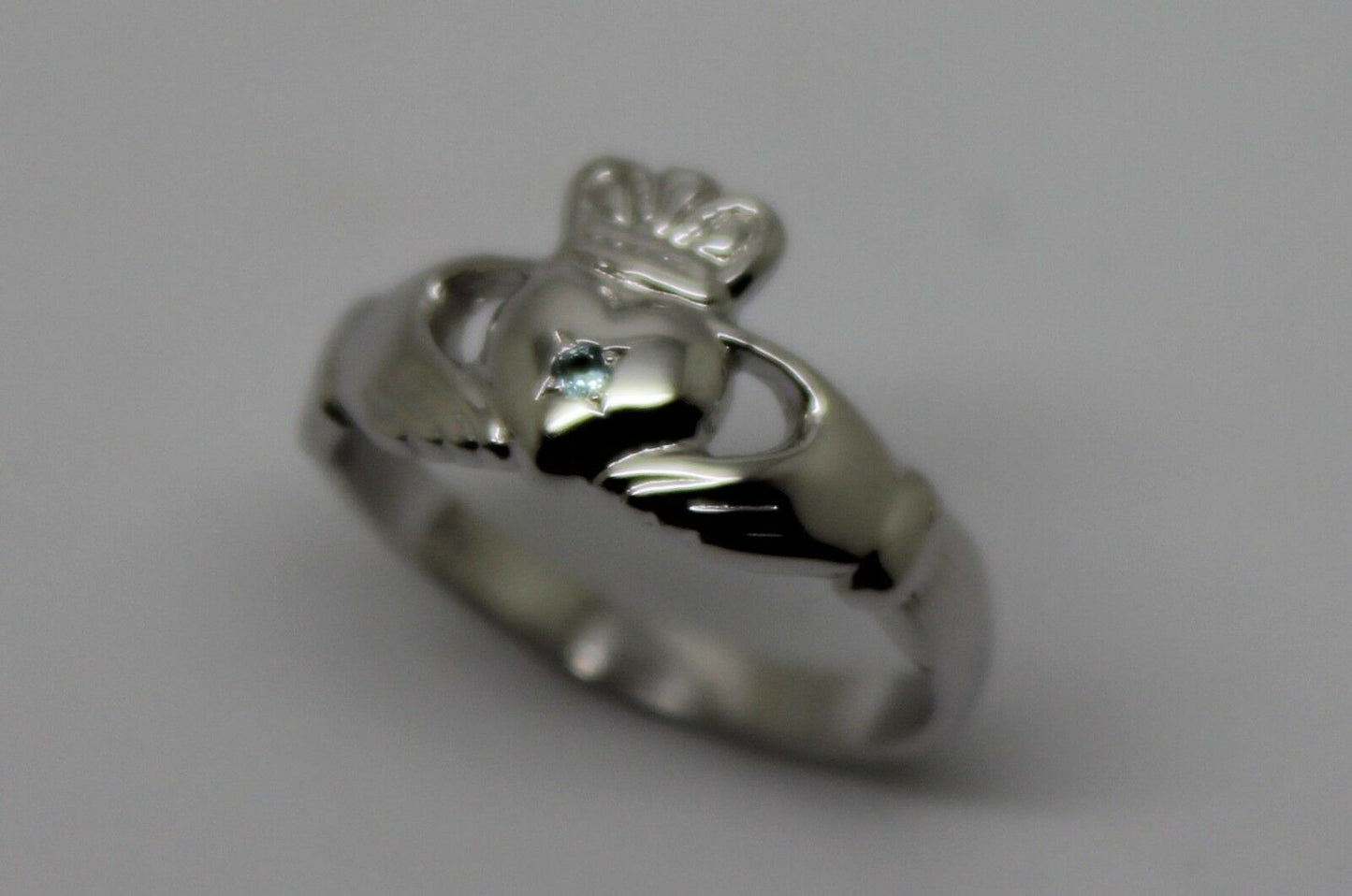 Genuine 9ct 9k 375 White Gold Blue Topaz (Birthstone Of November) Claddagh Ring