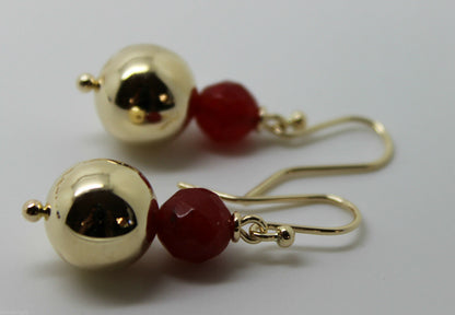 Genuine 9ct Yellow Gold 12mm Ball + 7mm Red Jade Faceted Earrings