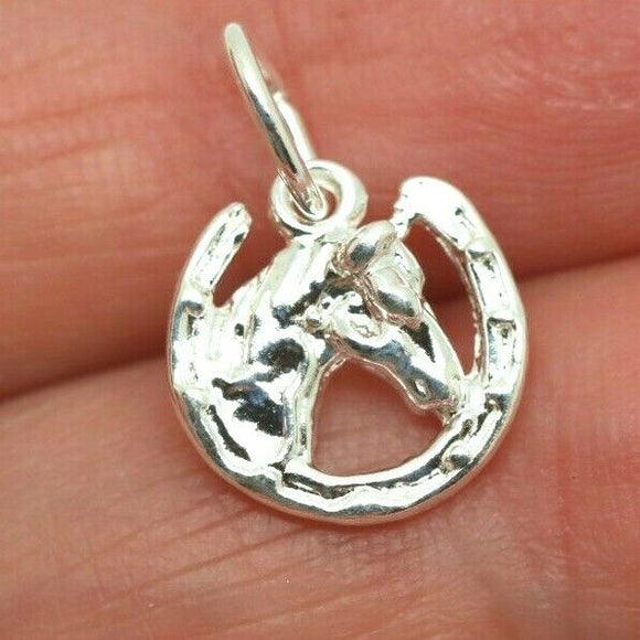 Genuine Sterling Silver Small Horsehead in Horseshoe Pendant or Charm
