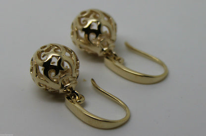 Genuine 9ct Yellow, Rose or White Gold Large Heavy 12mm Euro Ball Drop Hook Filigree Earrings