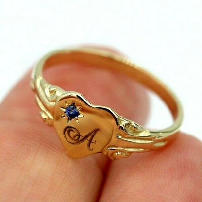 Size K 9ct Yellow, Rose or White Gold Heart Signet ring Set Blue Sapphire + Engraving 1 initial