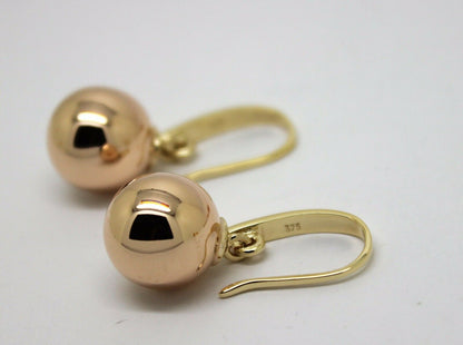 Kaedesigns Genuine New 9ct 9kt Yellow & Rose Gold 12mm Hook Drop Ball Earrings