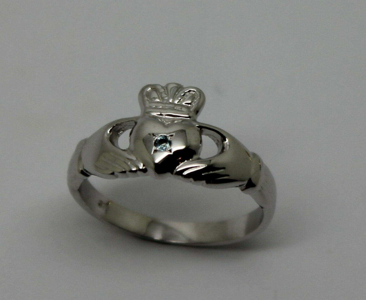 Genuine 9ct 9k 375 White Gold Blue Topaz (Birthstone Of November) Claddagh Ring