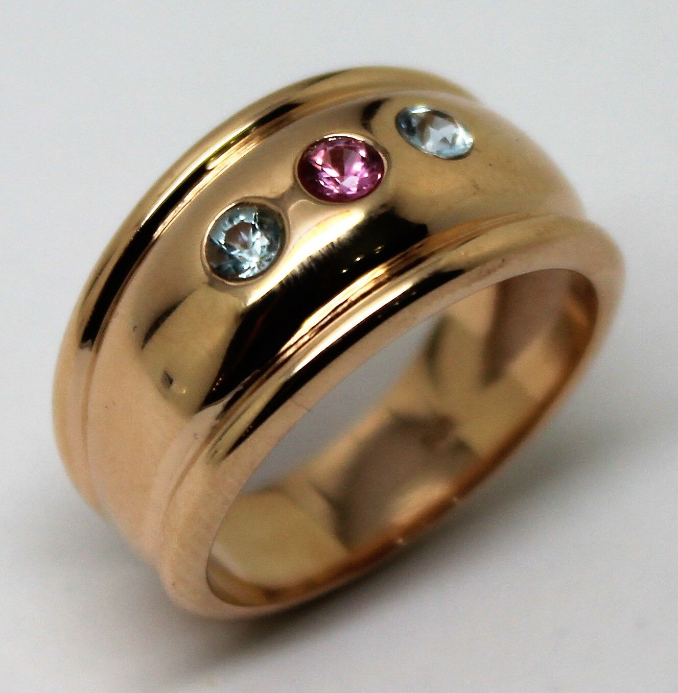 9ct 9k Full Solid Rose Gold Aquamarine + Pink Sapphire Thick Dome Ring 10mm Wide