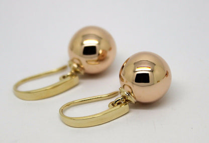 Kaedesigns Genuine New 9ct 9kt Yellow & Rose Gold 12mm Hook Drop Ball Earrings