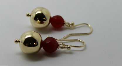 Genuine 9ct Yellow Gold 12mm Ball + 7mm Red Jade Faceted Earrings