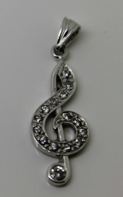 Genuine 9ct 9kt White Gold Cubic Zirconia Treble Clef Pendant