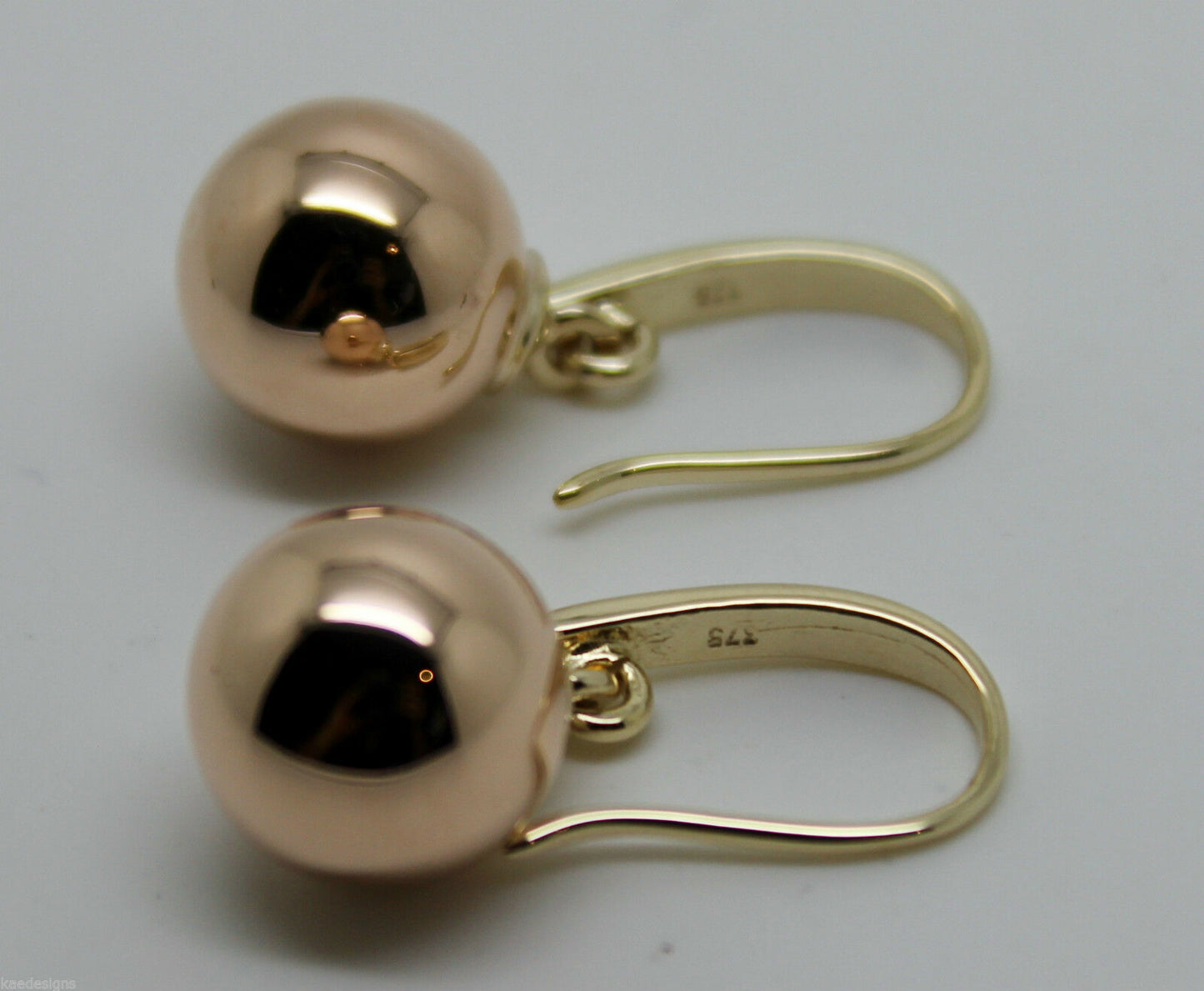 Kaedesigns Genuine New 9ct 9kt Yellow & Rose Gold 12mm Hook Drop Ball Earrings