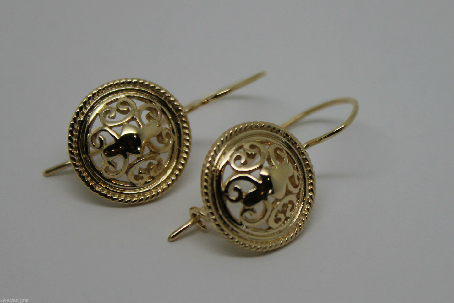 Kaedesigns, 9ct Yellow, White, Or Rose Gold Filigree Round Shepard Hook Earrings