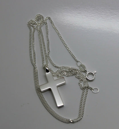 Solid New Sterling Silver 925 Plain Cross Pendant & 45cm Kerb Chain Necklace