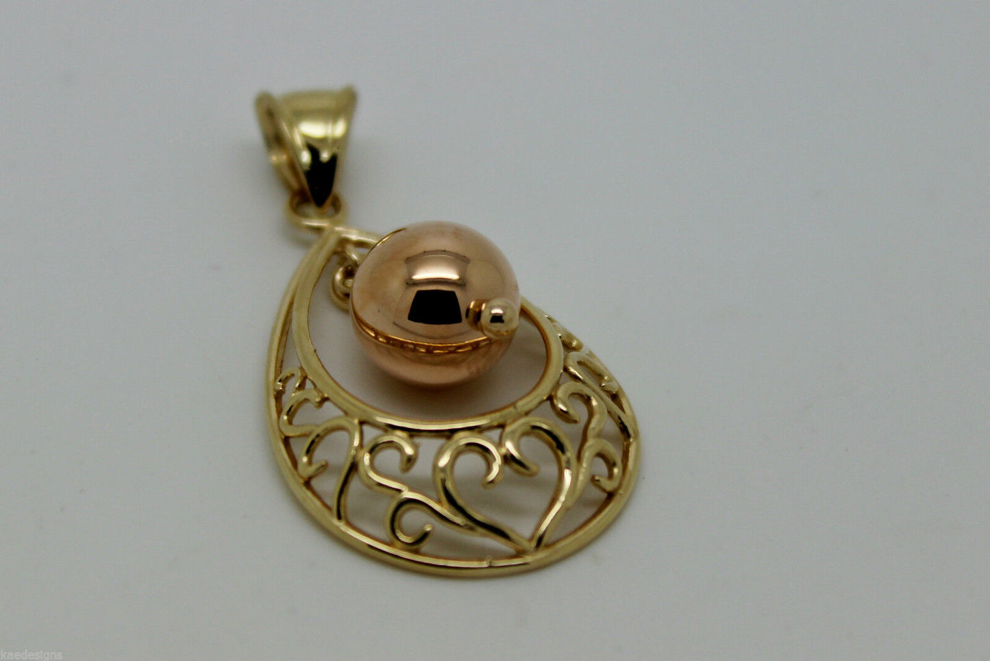 Genuine 9ct 9kt Yellow and Rose Heart & 8mm Ball Gold Filigree Pendant