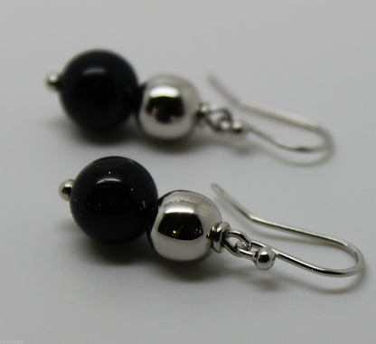 10mm Round Onyx + 9ct White Gold 8mm White Gold Ball Earrings