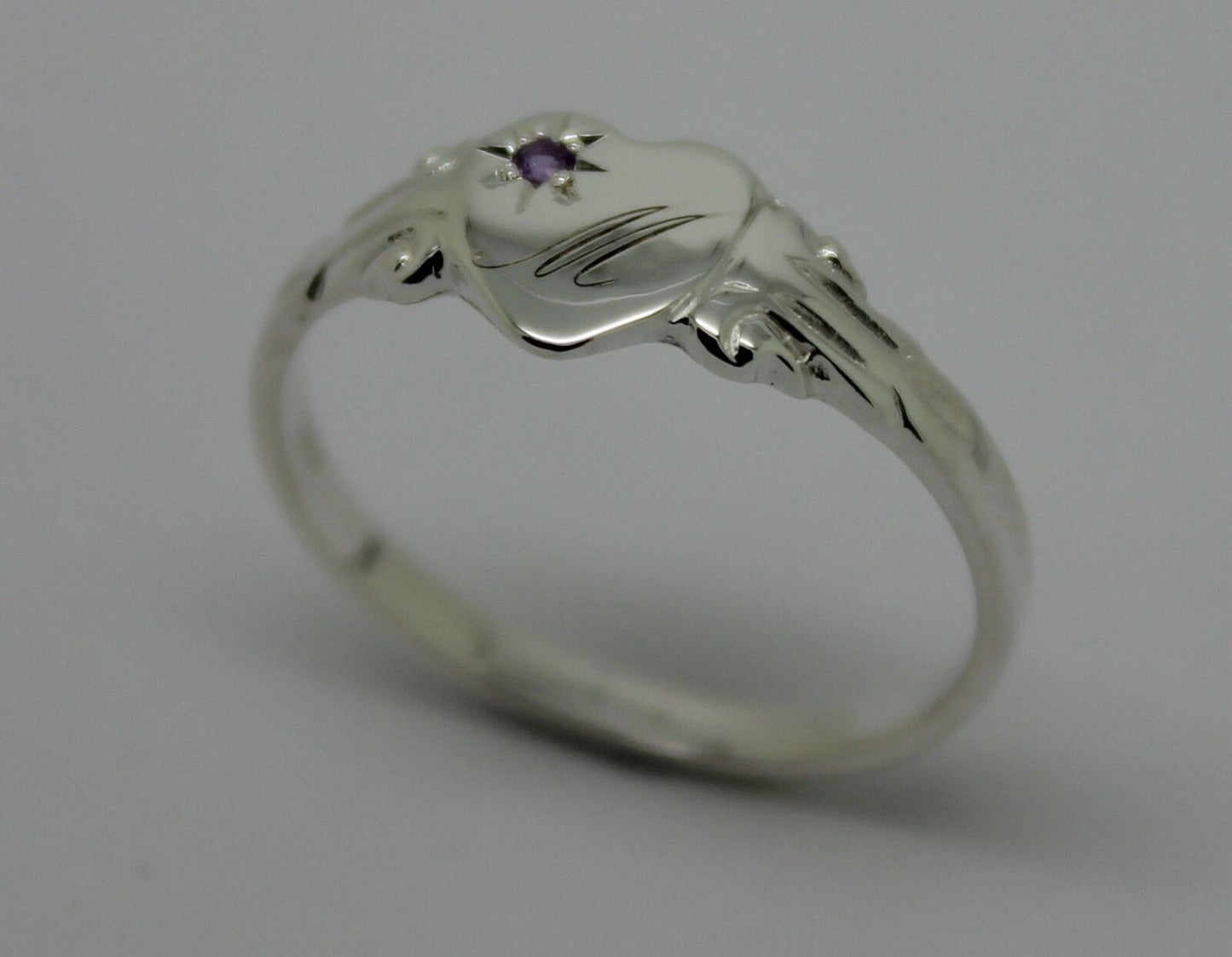 Sterling Silver Heart Amethyst Set Signet Ring Size N Engraved With 1 Initial