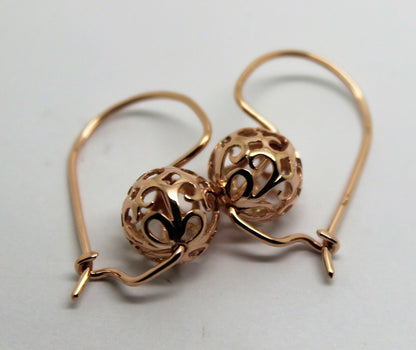 Genuine Solid 9ct Yellow, Rose or White Gold 10mm Euro Ball Drop Filigree Flower Earrings