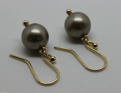 New 9ct Yellow Gold 10mm Platinum Pearl Ball Drop Earrings