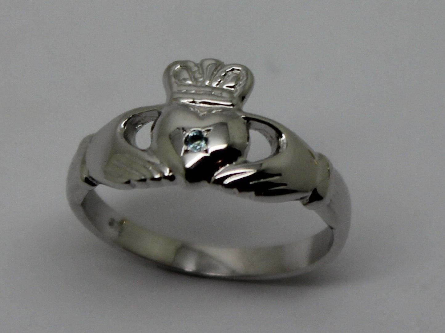 Genuine 9ct 9k 375 White Gold Blue Topaz (Birthstone Of November) Claddagh Ring