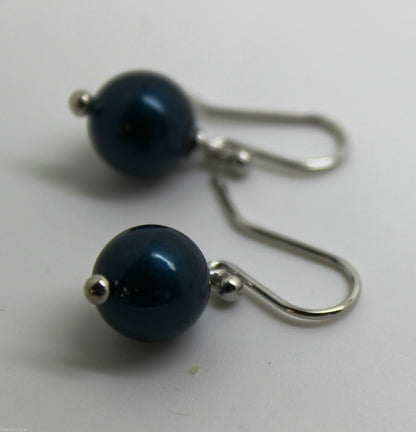 Genuine 9ct White Gold 10mm Petrol Blue Pearl Ball Earrings