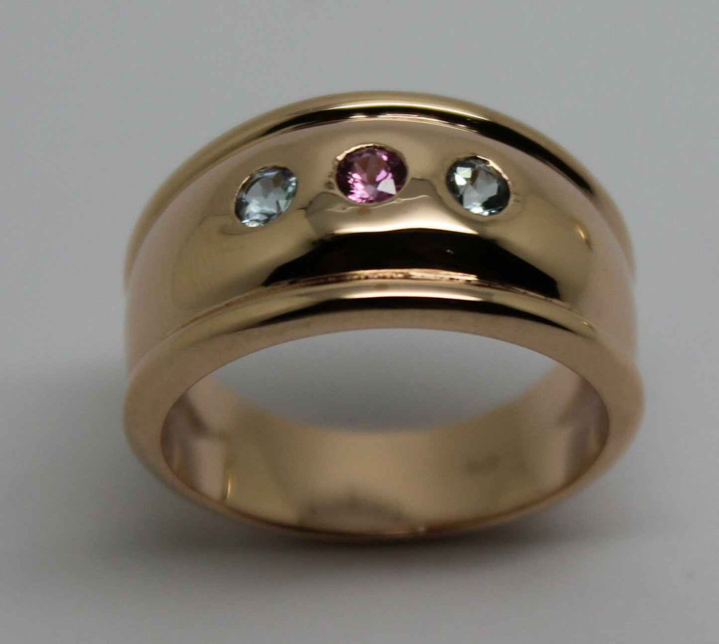 9ct 9k Full Solid Rose Gold Aquamarine + Pink Sapphire Thick Dome Ring 10mm Wide