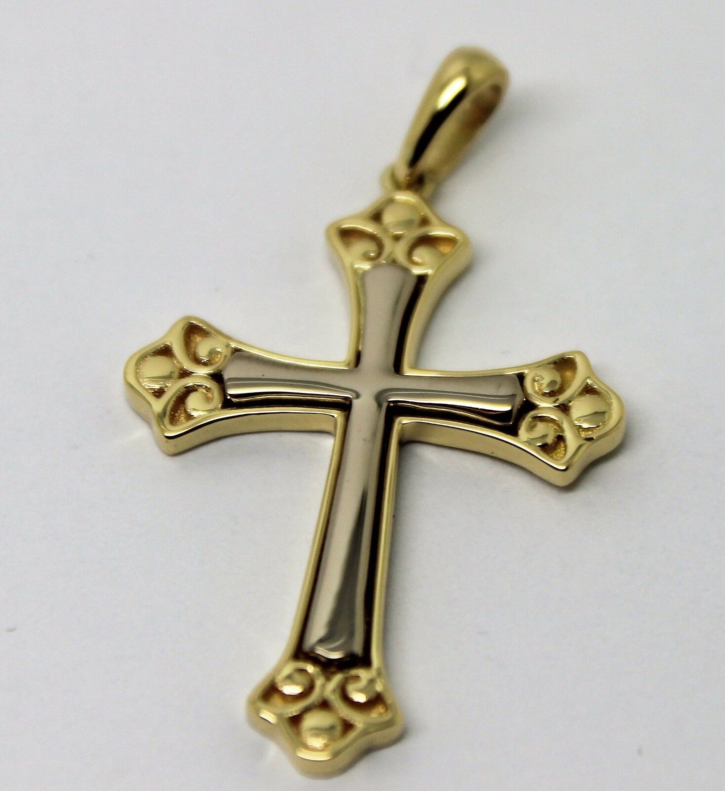 Genuine 18ct 18kt 750 Yellow & White Gold Two Tone Byzantine Cross Pendant 521