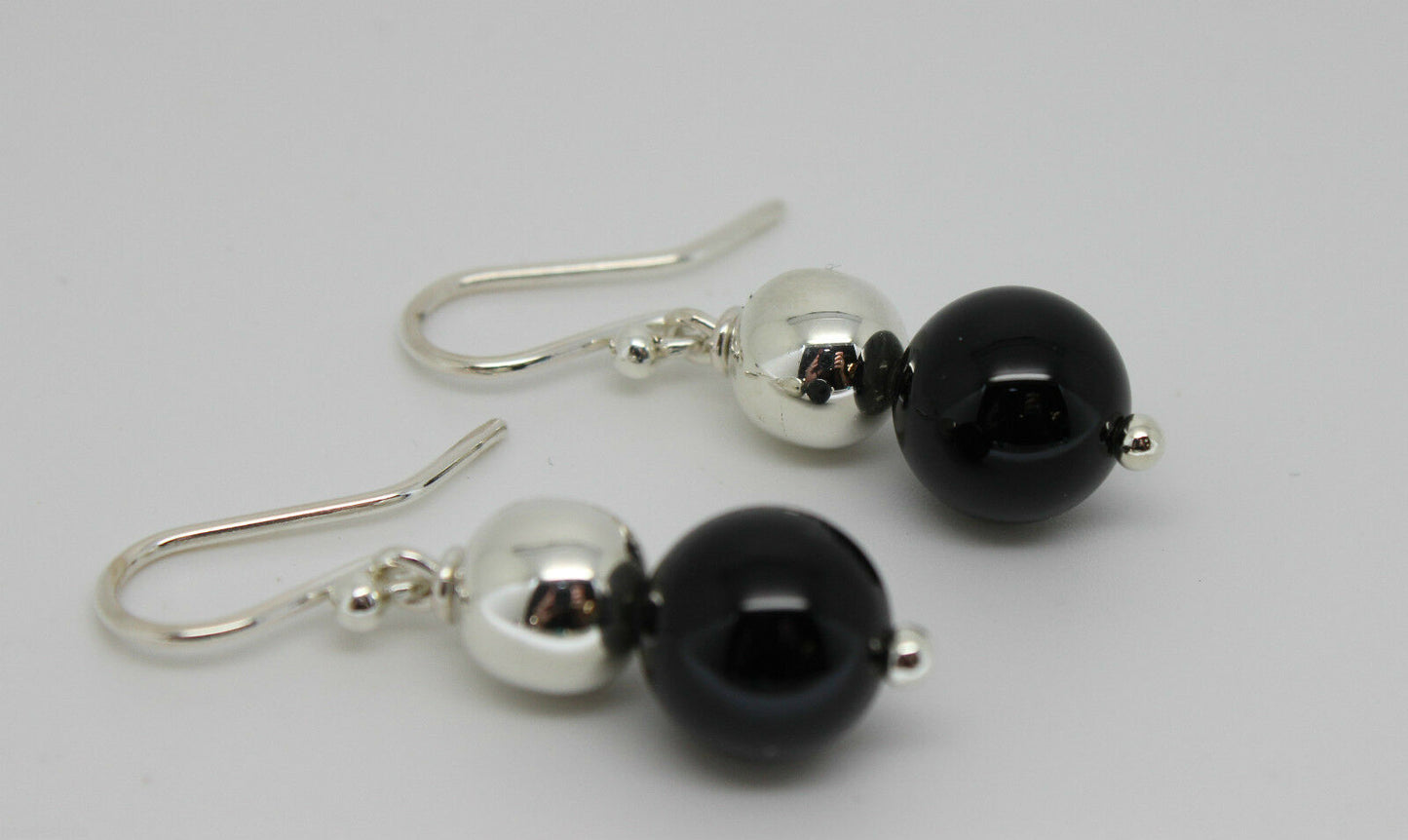 10mm Round Onyx + 9ct White Gold 8mm White Gold Ball Earrings