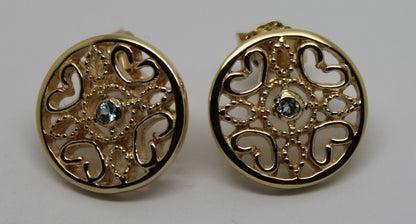 Genuine 9ct Yellow, Rose or White Gold Topaz Heart Filigree Stud Earrings