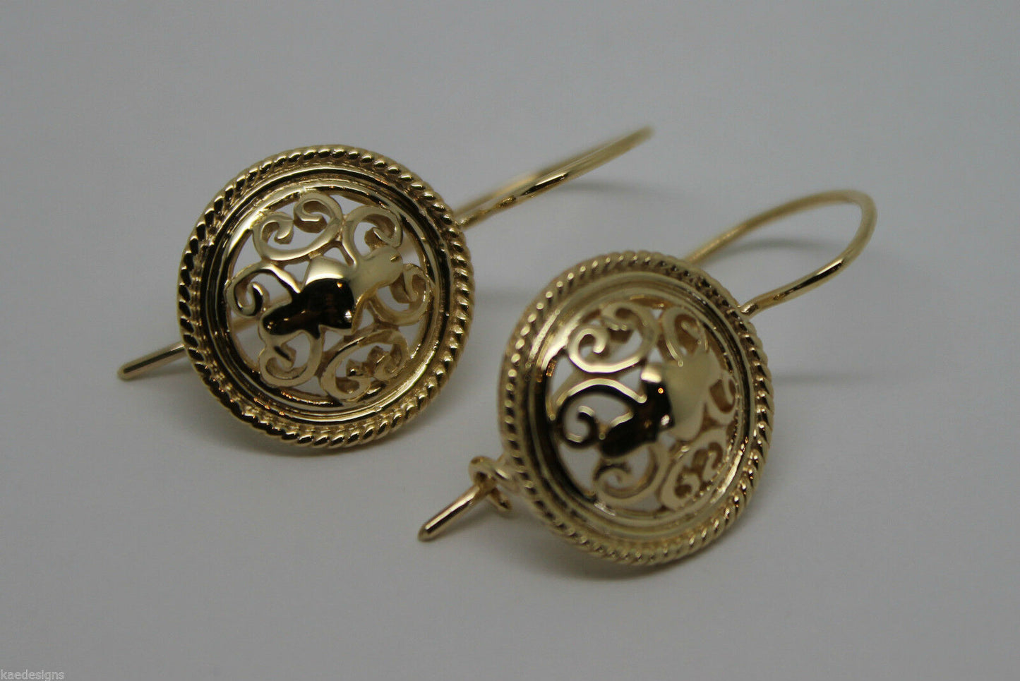 Kaedesigns, 9ct Yellow, White, Or Rose Gold Filigree Round Shepard Hook Earrings