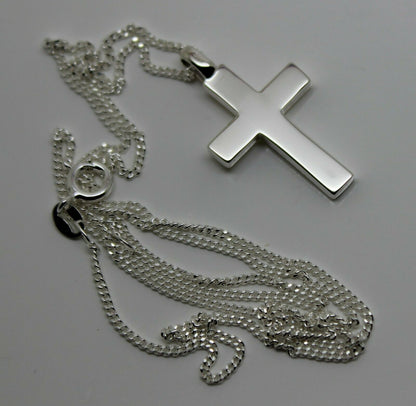 Solid New Sterling Silver 925 Plain Cross Pendant & 45cm Kerb Chain Necklace