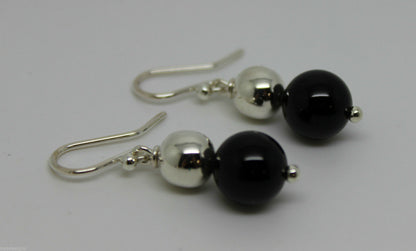 10mm Round Onyx + 9ct White Gold 8mm White Gold Ball Earrings