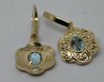 Genuine Heavy 9ct Solid Yellow, Rose or White Gold Antique Aquamarine Filigree Drop Earrings