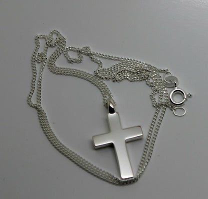 Solid New Sterling Silver 925 Plain Cross Pendant & 45cm Kerb Chain Necklace