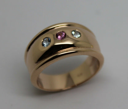 9ct 9k Full Solid Rose Gold Aquamarine + Pink Sapphire Thick Dome Ring 10mm Wide