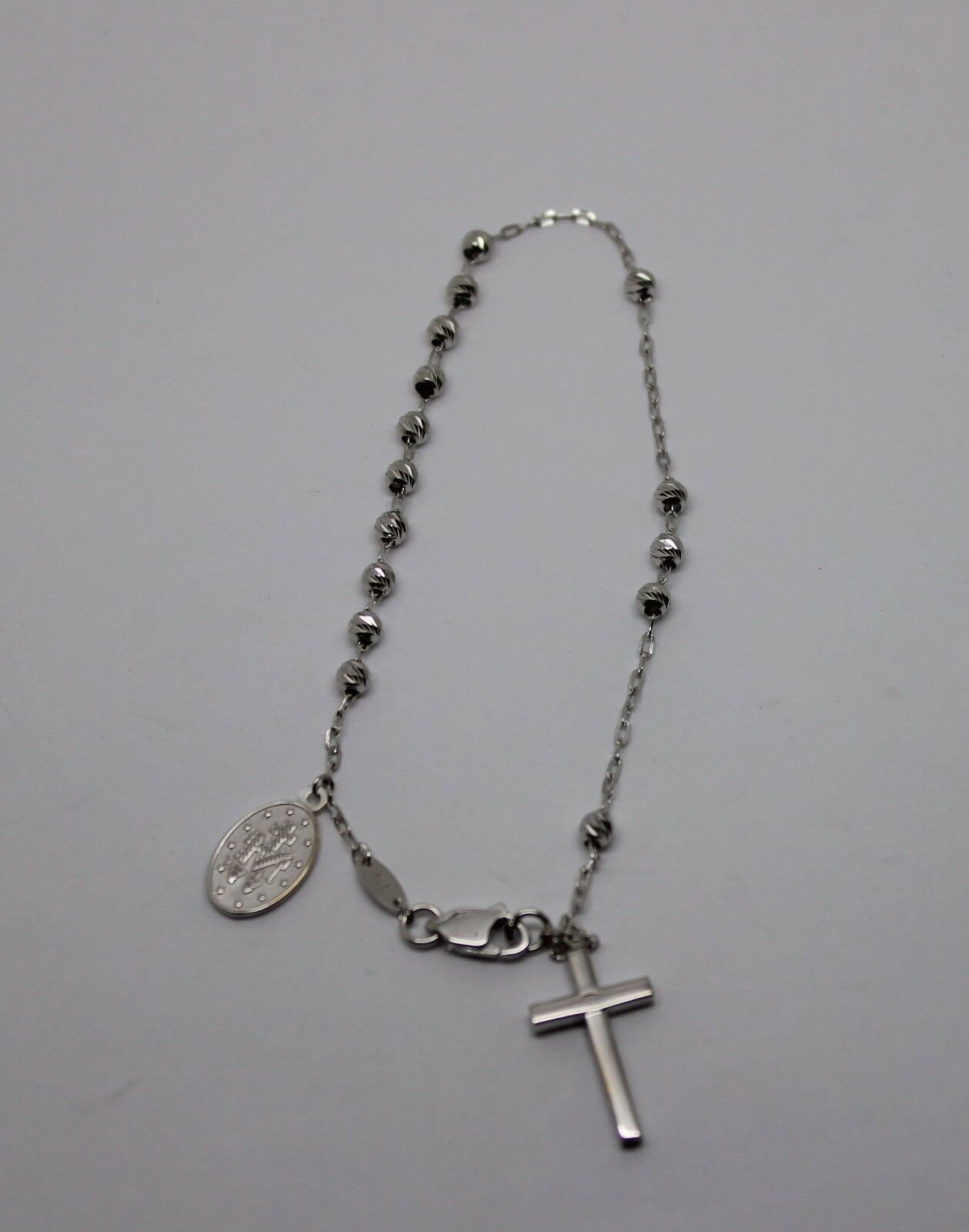 Genuine 18ct 750 White Gold Rosary Beads Cross Bracelet *