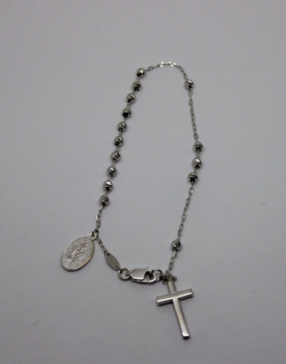 Genuine 18ct 750 White Gold Rosary Beads Cross Bracelet *