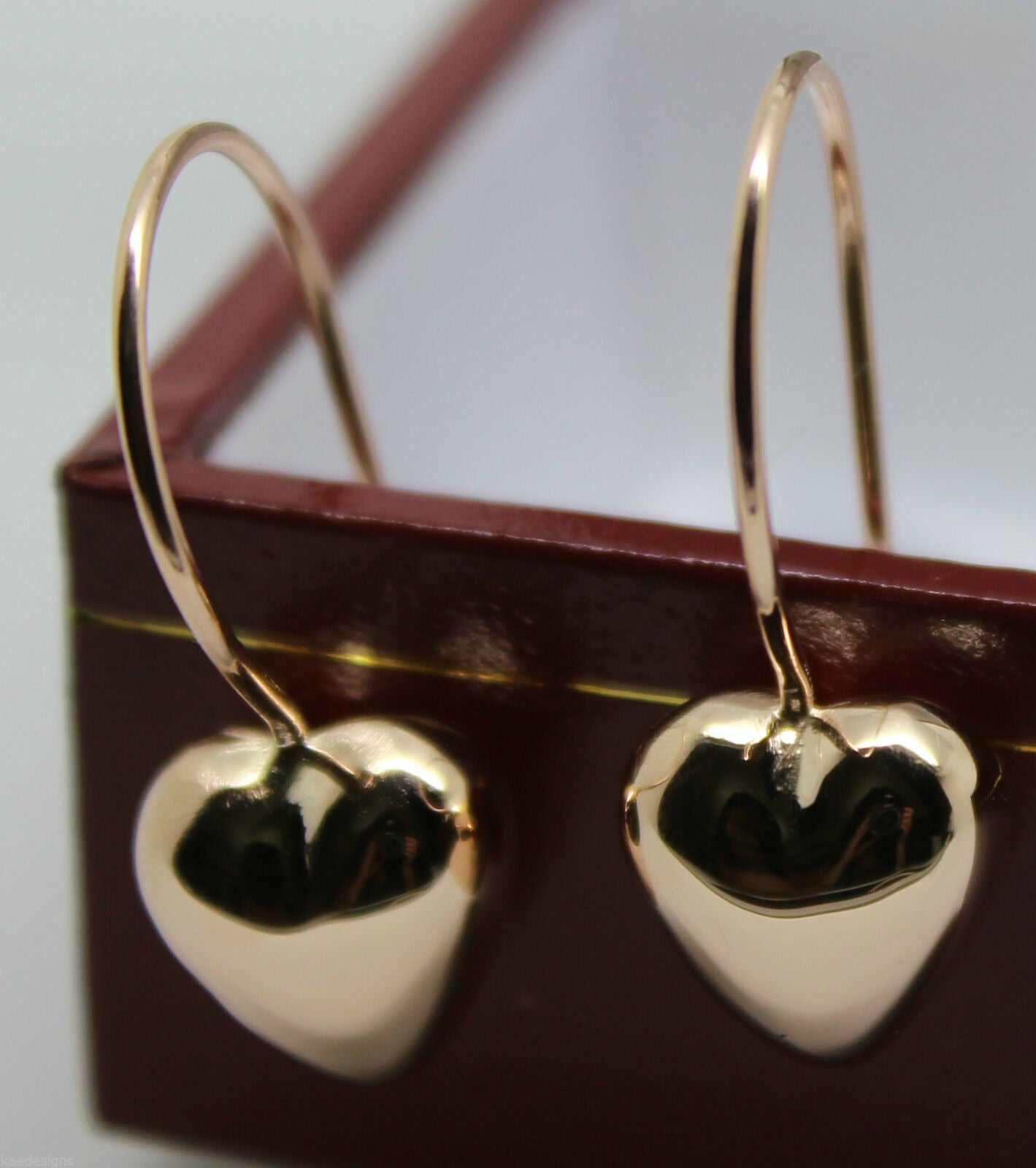 Kaedesigns New 9ct 9k Yellow, Rose or White Gold Dangle Puffed Heart Long Hooks Earrings