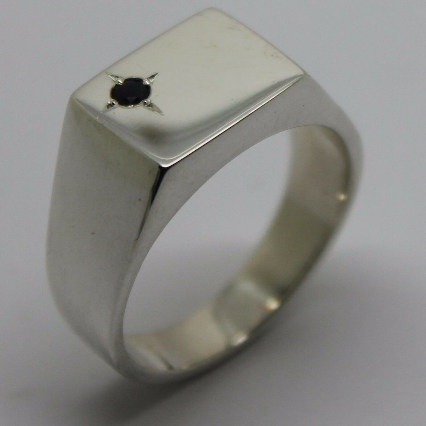 Size W Mens Solid Sterling Silver Black Sapphire Square Signet Ring