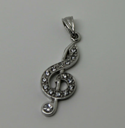 Genuine 9ct 9kt White Gold Cubic Zirconia Treble Clef Pendant